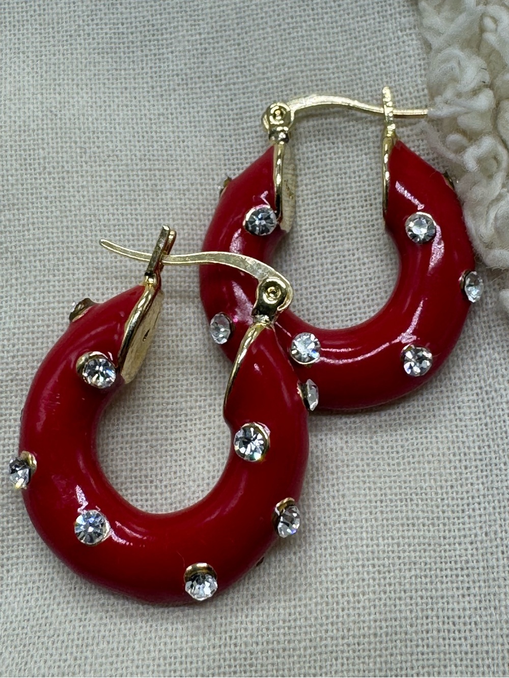 Red Enamel Rhinestone Hoop Earrings Gold Tone